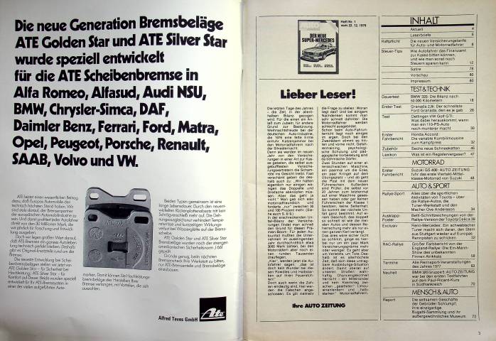 Inhaltsverzeichnis Autozeitung 01/1976