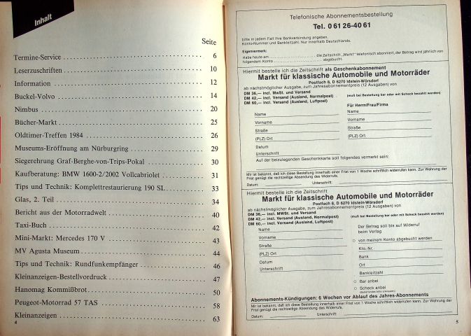 Inhaltsverzeichnis Oldtimer Markt 01/1985