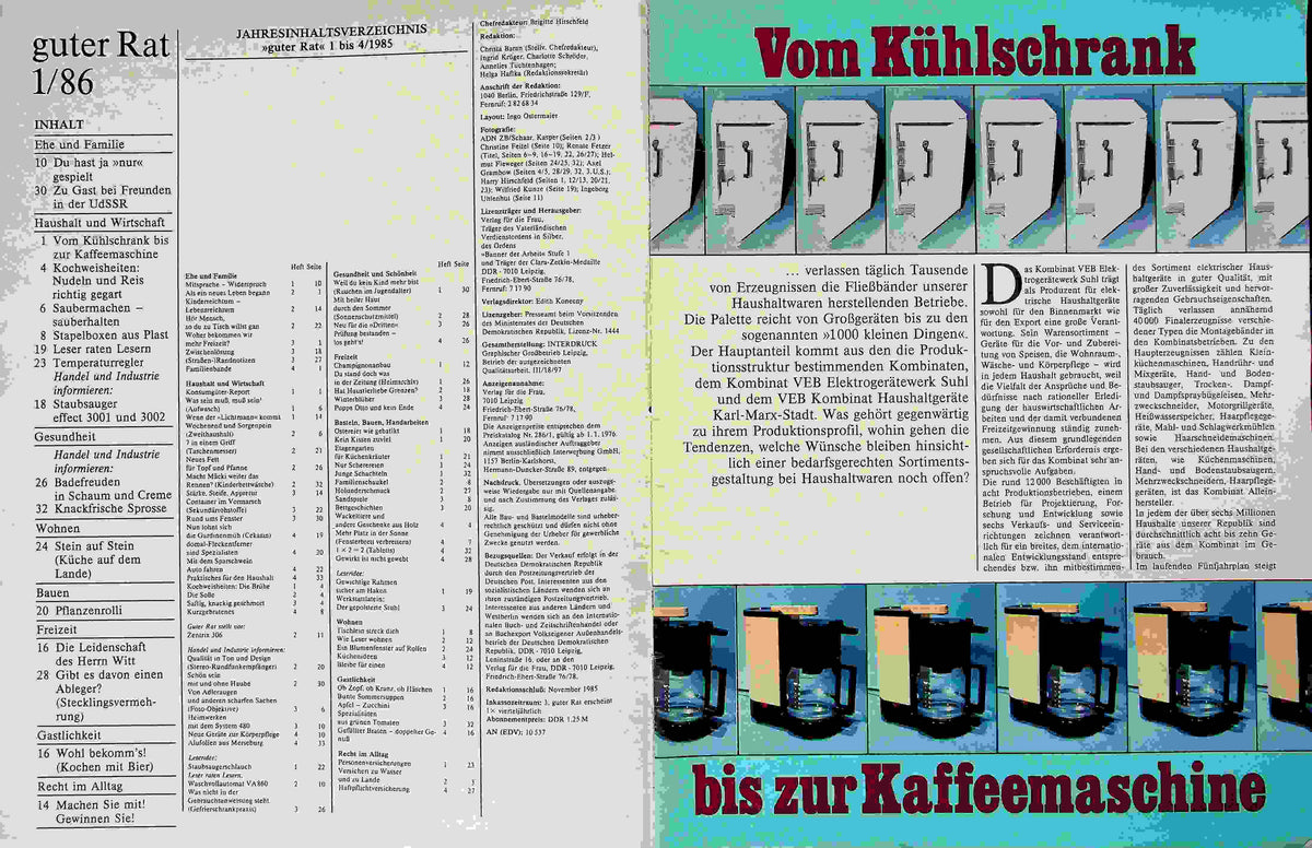 Inhaltsverzeichnis Guter Rat 01/1986