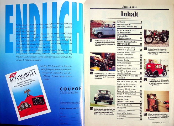 Inhaltsverzeichnis Oldtimer Praxis 01/1992
