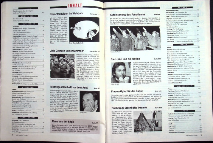 Inhaltsverzeichnis Spiegel 01/1994