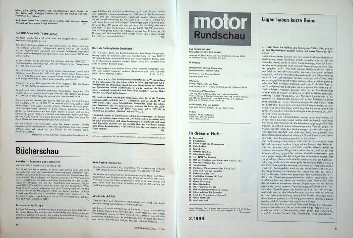 Inhaltsverzeichnis Motor Rundschau 02/1966