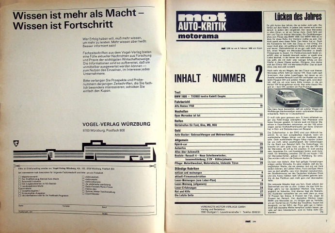 Inhaltsverzeichnis MOT 02/1968