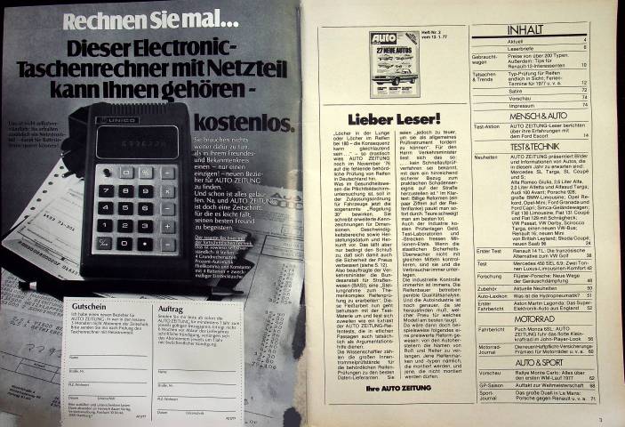 Inhaltsverzeichnis Autozeitung 02/1977