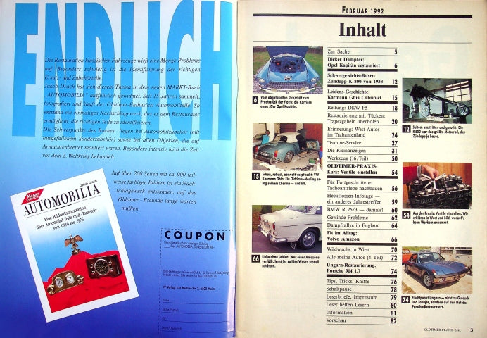 Inhaltsverzeichnis Oldtimer Praxis 02/1992
