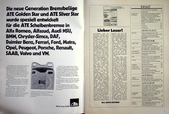 Inhaltsverzeichnis Autozeitung 03/1977