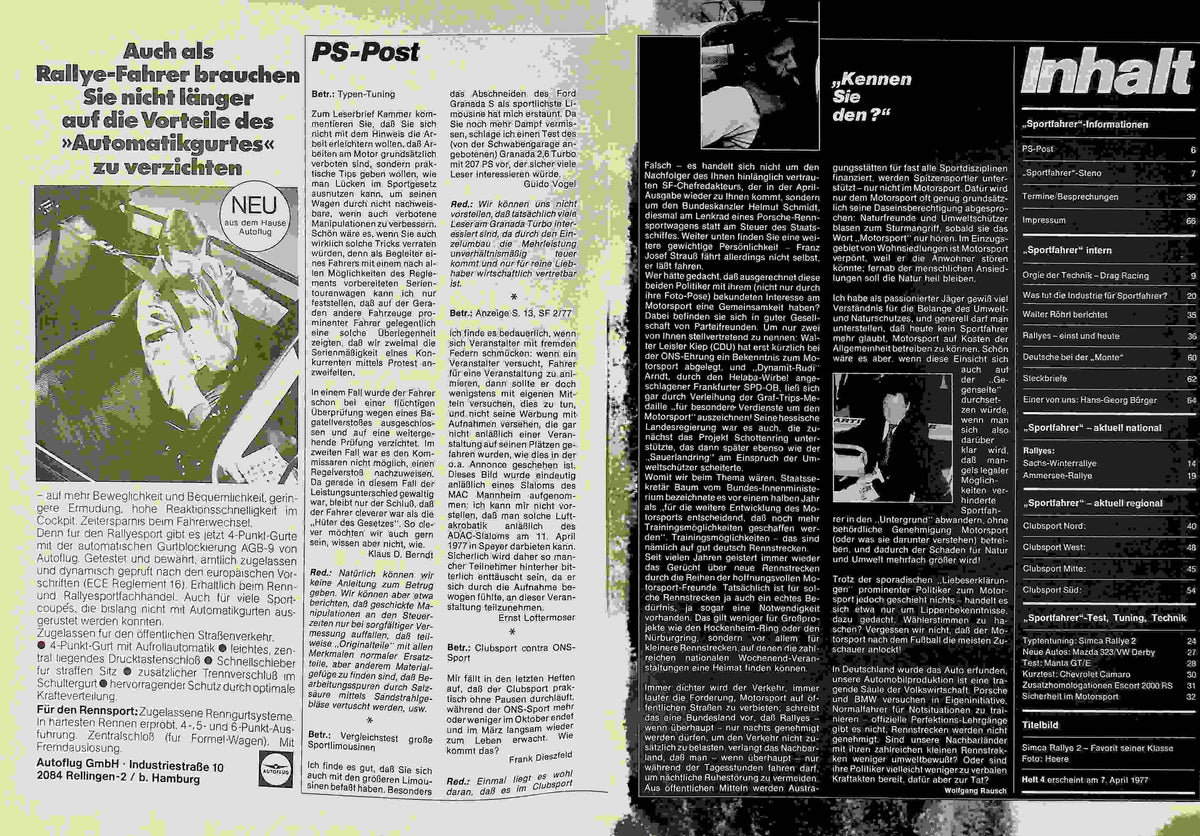 Inhaltsverzeichnis Sport Fahrer 03/1977