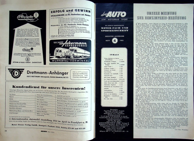 Inhaltsverzeichnis Auto Motor und Sport 04/1951