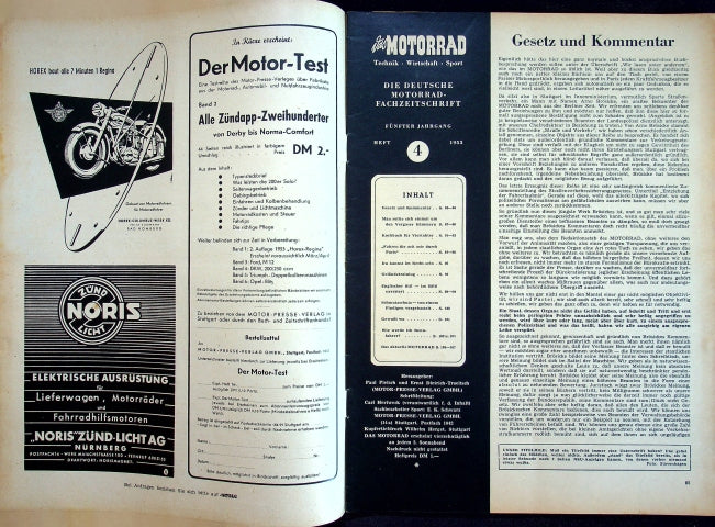 Inhaltsverzeichnis Motorrad 04/1953