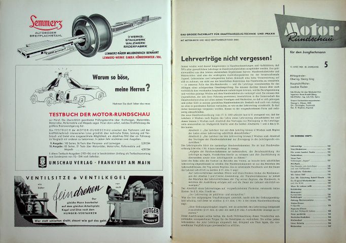 Inhaltsverzeichnis Motor Rundschau 05/1958