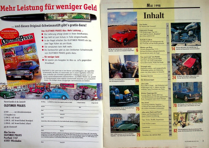 Inhaltsverzeichnis Oldtimer Praxis 05/1998