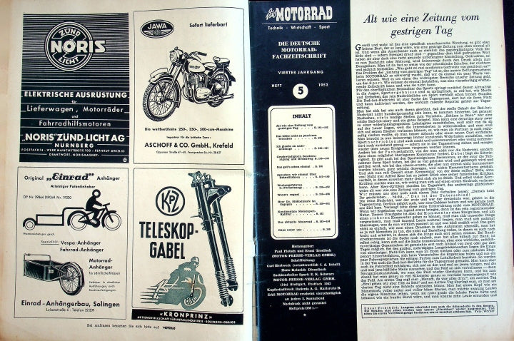 Inhaltsverzeichnis Motorrad 06/1952