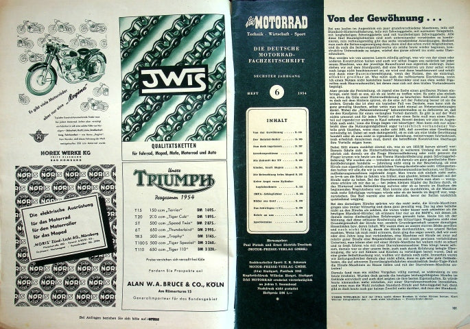Inhaltsverzeichnis Motorrad 06/1954
