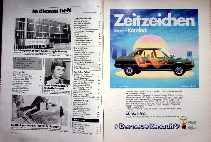 Inhaltsverzeichnis Kicker 06/1982