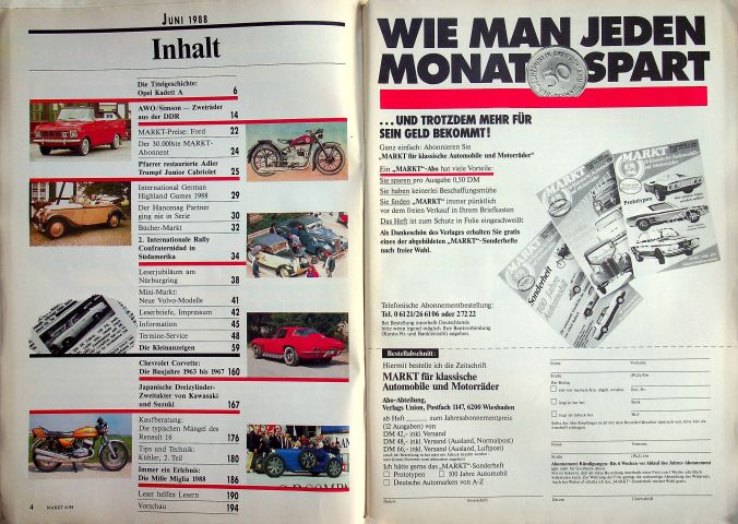 Inhaltsverzeichnis Oldtimer Markt 06/1988