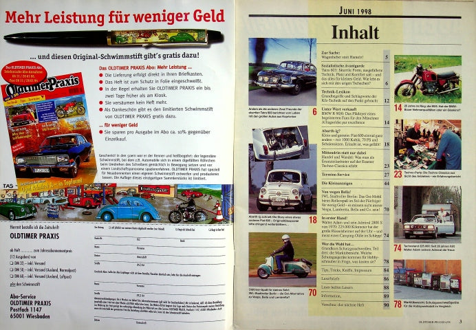 Inhaltsverzeichnis Oldtimer Praxis 06/1998