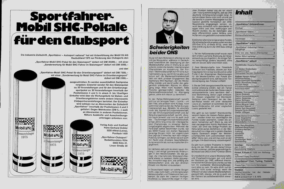 Inhaltsverzeichnis Sport Fahrer 07/1975