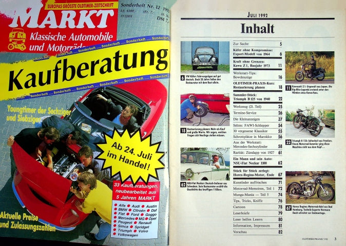 Inhaltsverzeichnis Oldtimer Praxis 07/1992
