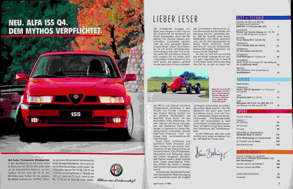 Inhaltsverzeichnis Sport Auto 07/1992