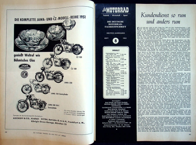 Inhaltsverzeichnis Motorrad 08/1951