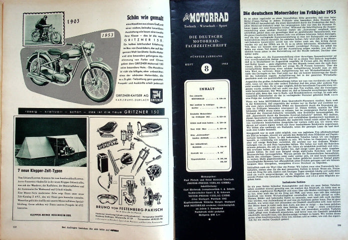 Inhaltsverzeichnis Motorrad 08/1953