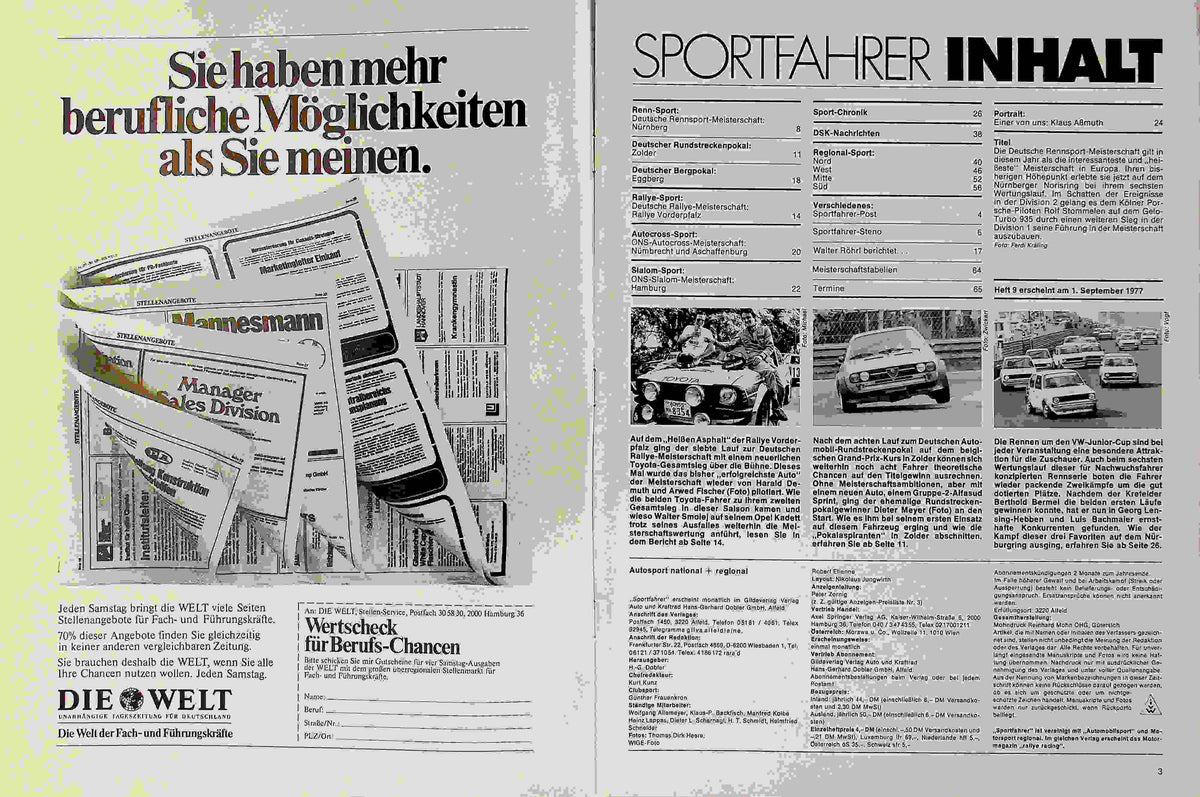 Inhaltsverzeichnis Sport Fahrer 08/1977
