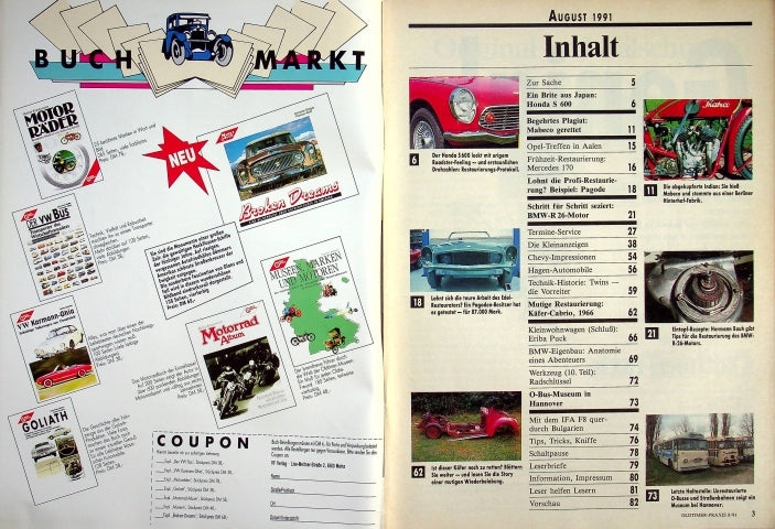 Inhaltsverzeichnis Oldtimer Praxis 08/1991