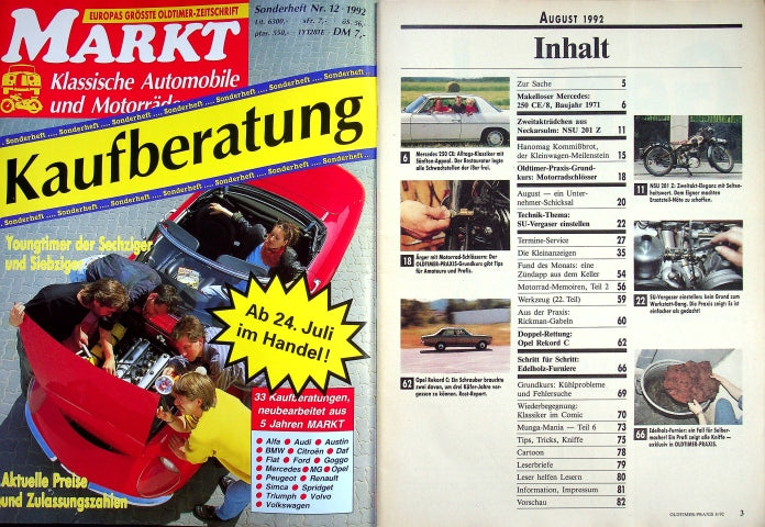 Inhaltsverzeichnis Oldtimer Praxis 08/1992