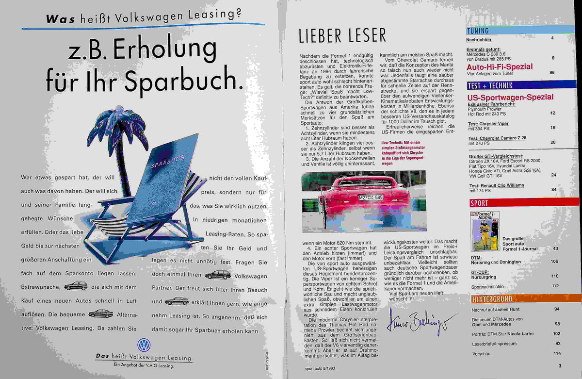 Inhaltsverzeichnis Sport Auto 08/1993