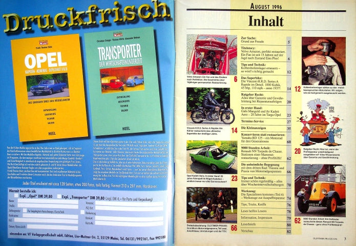 Inhaltsverzeichnis Oldtimer Praxis 08/1996