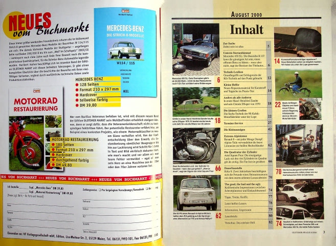 Inhaltsverzeichnis Oldtimer Praxis 08/2000