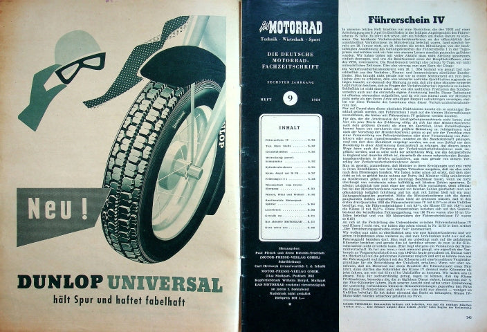 Inhaltsverzeichnis Motorrad 09/1954