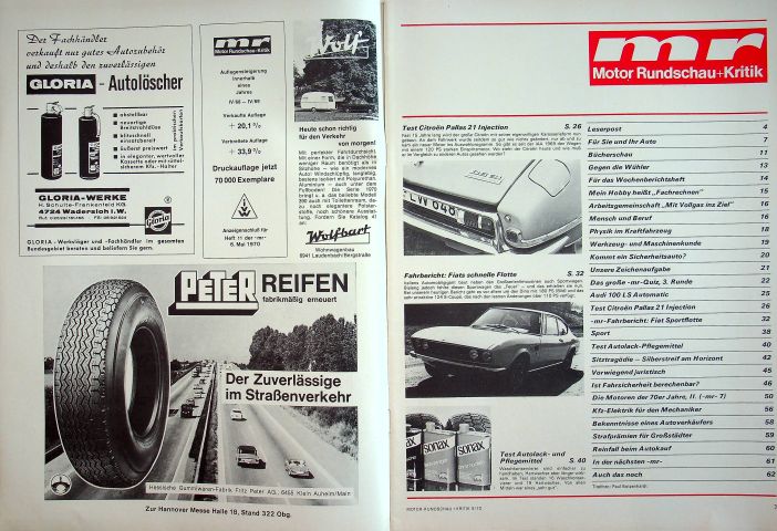 Inhaltsverzeichnis Motor Rundschau 09/1970