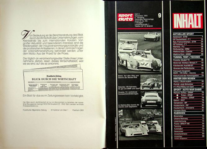 Inhaltsverzeichnis Sport Auto 09/1973