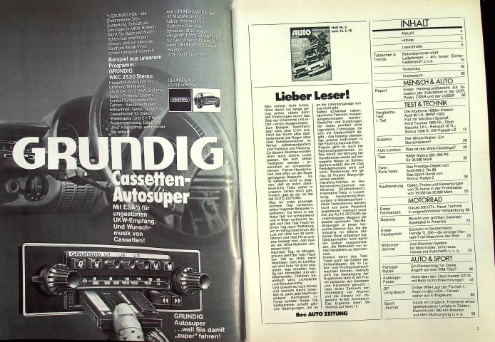 Inhaltsverzeichnis Autozeitung 09/1976