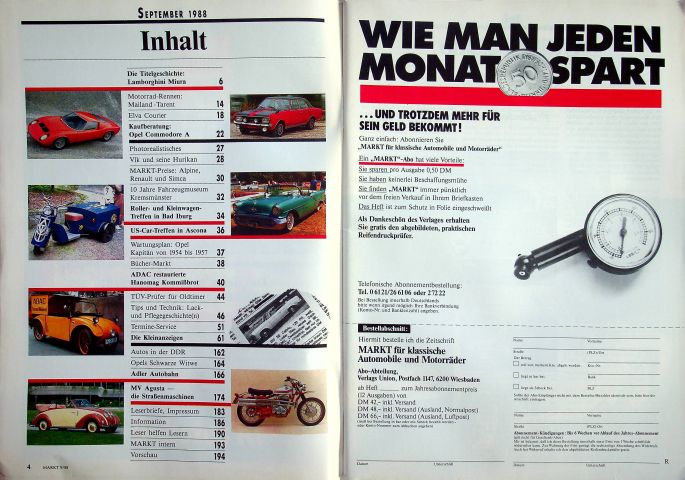 Inhaltsverzeichnis Oldtimer Markt 09/1988