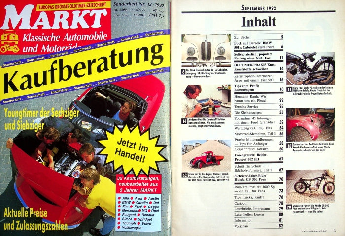 Inhaltsverzeichnis Oldtimer Praxis 09/1992