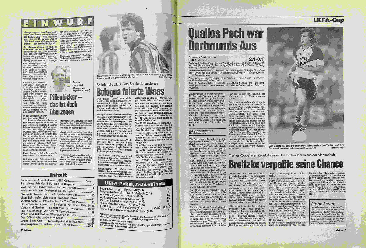 Inhaltsverzeichnis Kicker 101/1990