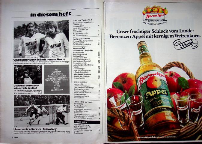 Inhaltsverzeichnis Kicker 102/1981