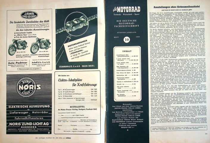 Inhaltsverzeichnis Motorrad 10/1953