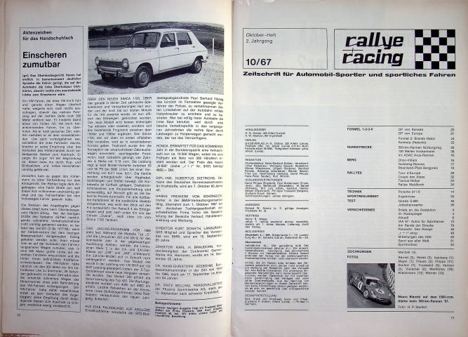 Inhaltsverzeichnis Rallye Racing 10/1967