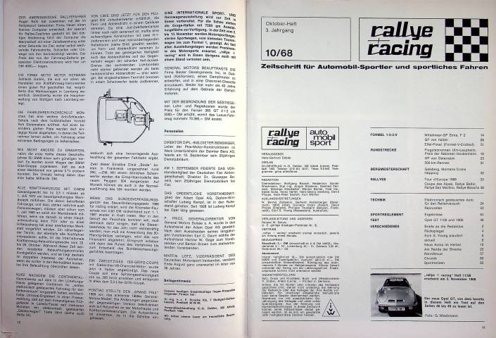 Inhaltsverzeichnis Rallye Racing 10/1968