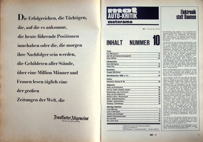Inhaltsverzeichnis MOT 10/1968