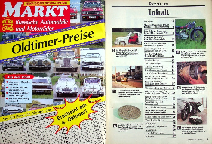 Inhaltsverzeichnis Oldtimer Praxis 10/1991