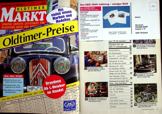 Inhaltsverzeichnis Oldtimer Praxis 10/1993