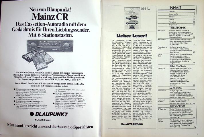 Inhaltsverzeichnis Autozeitung 11/1976