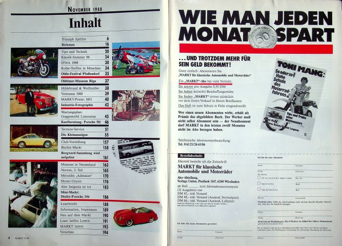 Inhaltsverzeichnis Oldtimer Markt 11/1988