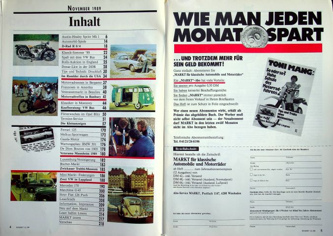 Inhaltsverzeichnis Oldtimer Markt 11/1989