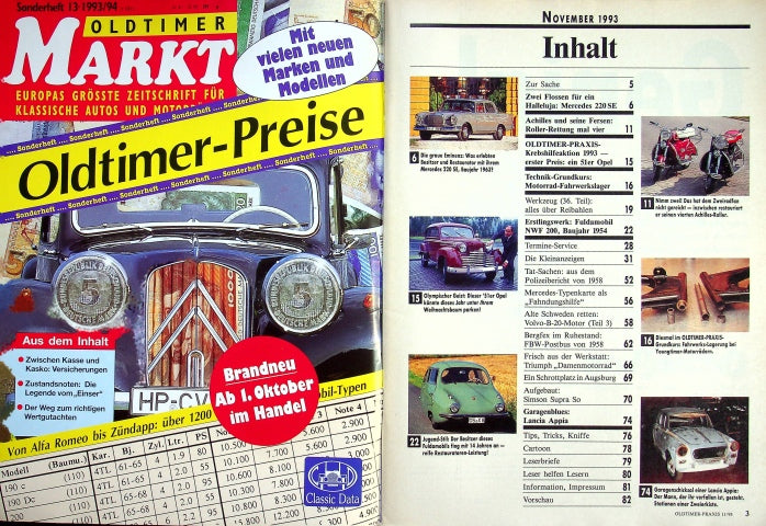 Inhaltsverzeichnis Oldtimer Praxis 11/1993