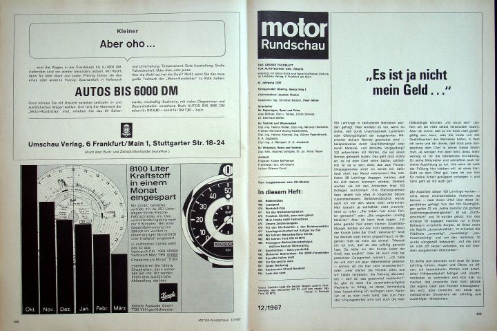 Inhaltsverzeichnis Motor Rundschau 12/1967